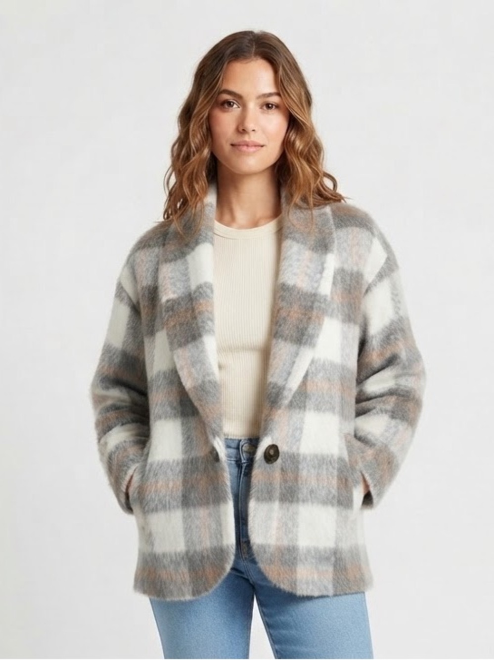 Evereve Supersoft Selene Oversized Plaid Coat Blazer Jacket Size XS